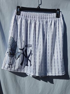 Men's White Athletic Shorts with Graphic NY Print. Size Med